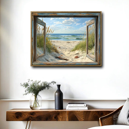 Rustic Window Beach Dunes Canvas Print, Coastal Ocean View Horizontal Wall Art