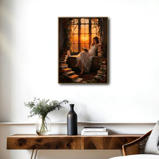 Retro Romantic Canvas Print, Woman Reading Among Old Books, Sunset Window Dark Academia Wall Decor for Book Nook