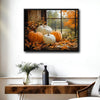 Fall Pumpkin Window Canvas Wall Art, Orange White Pumpkins Autumn Maple Leaves Framed Canvas Print, Farmhouse Thanksgiving Home Decor