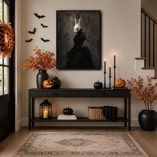 Elegant Victorian Bunny Lady Gothic Canvas Print Dark Moody Wall Art Halloween Gothic Bedroom Decor