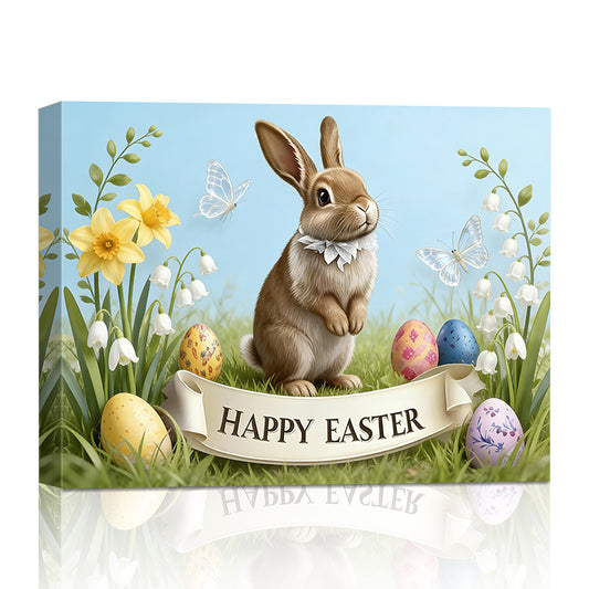 Framed Vintage Easter Bunny Wall Art - Muted Spring Rabbit Oil Painting Print, Farmhouse Easter Wall Decor, Rustic Cottagecore Animal Picture for Shelf, Mantle & Holiday Home Decor