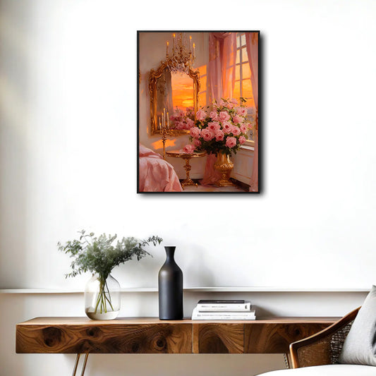 Valentine Pink Roses Vintage French Bedroom Canvas Wall Art, Sunset Romantic Rococo Mirror Chandelier Oil Painting Framed Canvas Print, Coquette Bedroom Wall Decor