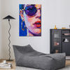 wall art painting in the living room depicts woman wearing round sunglasses and large hoop earrings