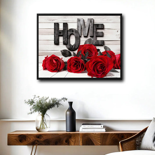 Red Rose HOME Sign Canvas Wall Art, Rustic White Wood Background Framed Canvas Print, Romantic Valentine Farmhouse Entryway Home Decor