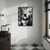 Black And White Black Cat Reading Newspaper On Toilet Canvas Wall Art Funny Tropical Bathroom Wall Deco