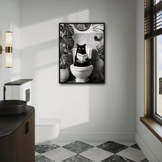 Black And White Black Cat Reading Newspaper On Toilet Canvas Wall Art Funny Tropical Bathroom Wall Deco