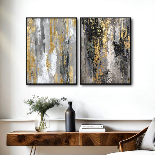 2 Piece Modern Neutral Gray Gold Leaf Abstract Canvas Prints Vertical Palette Knife Luxury Abstract Wall Art