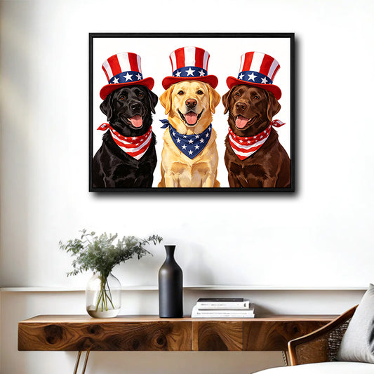 Patriotic Three Labrador Retrievers Canvas Wall Art, 4th of July USA Hat Bandana Dog Canvas Print, Red White Blue Independence Day Farmhouse Decor