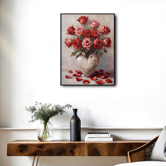 Valentine Rose Bouquet Canvas Print, Red Pink Roses in Heart Vase Vintage Floral Romantic Wall Art