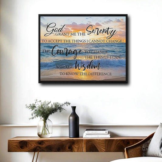 Serenity Prayer Beach Sunset Wall Art, God Grant Me The Serenity Quote Canvas Print, Christian Coastal Inspirational Home Decor