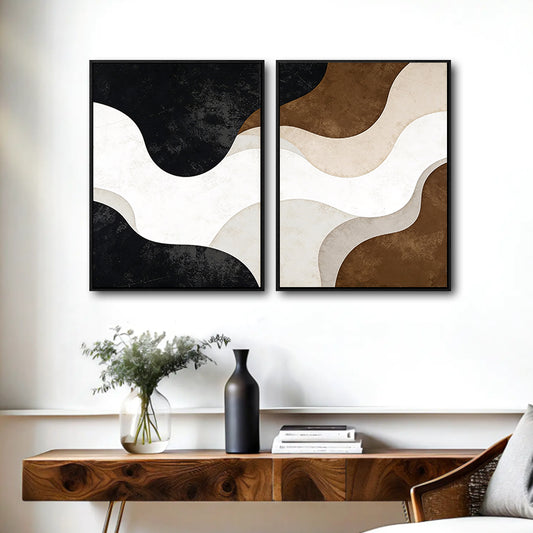 Set of 2 Neutral Brown Black Beige Wavy Abstract Canvas Wall Art Textured Curved Shape Boho Minimalist Framed Wall Decor Living Room Bedroom