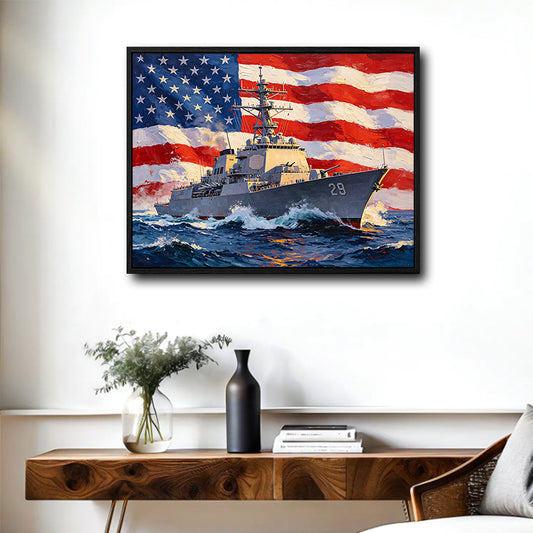Patriotic Navy Warship American Flag Canvas Wall Art, US Destroyer Battleship Ocean Military Canvas Painting