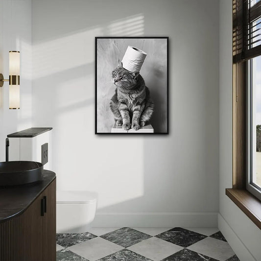 Black White Tabby Cat With Toilet Paper Roll On Head Canvas Wall Art Funny Animal Bathroom Wall Decor For Cat Lovers