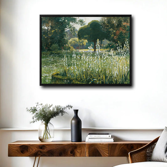 White Lily Sunlit Garden Canvas Wall Art Vintage French Country Horizontal Home Decor