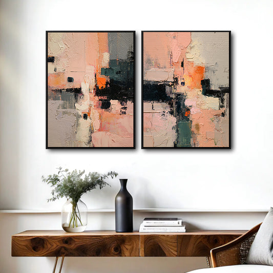 2 Piece Blush Pink Grey Black Textured Abstract Canvas Prints Warm Tone Impasto Oil Painting Style Neutral Wall Art