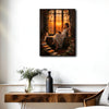Retro Romantic Canvas Print, Woman Reading Among Old Books, Sunset Window Dark Academia Wall Decor for Book Nook