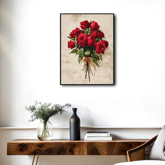 Valentine Red Rose Bouquet Canvas Wall Art, Vintage Oil Painting Red Roses with Ribbon Framed Canvas Print, Romantic Farmhouse Bedroom Wall Decor
