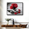 Valentine Red Rose Mug Canvas Wall Art, Heart Cup Gray Rose Petals Rustic Wooden Background Framed Canvas Print, Romantic Bedroom Kitchen Wall Decor