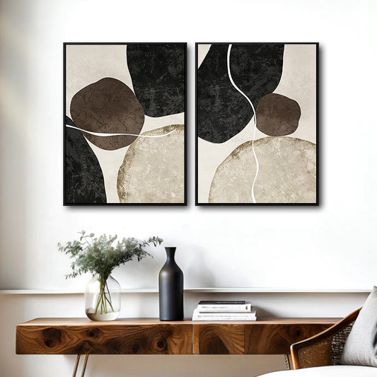 2 Piece Neutral Earth Tone Pebble Abstract Canvas Prints Curved Line Distressed Texture Minimalist Contemporary Wall Art