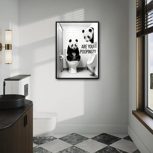 Two Pandas Are You Pooping Funny Quote Canvas Wall Art Black White Panda Bathroom Restroom Wall Decor