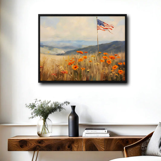 Country Landscape American Flag & Golden Wildflower Field Framed Canvas Print, Farmhouse Independence Day Wall Art