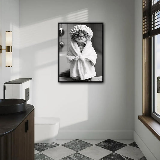Black And White Cute Tabby Cat In Bathrobe Shower Cap Canvas Wall Art Funny Animal Bathroom Wall Decor