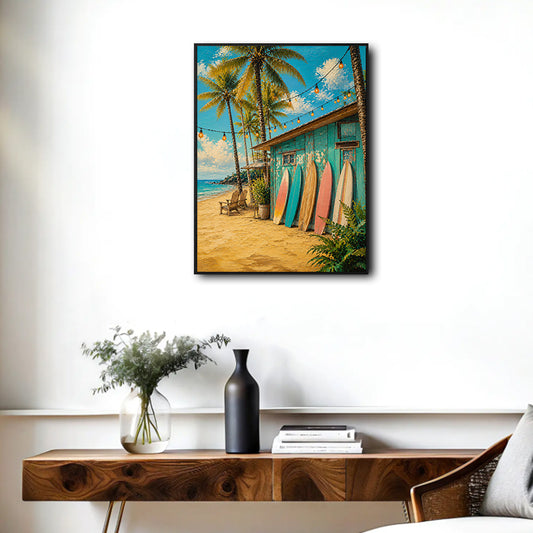 Tropical Surf Shack Canvas Poster, Summer Ocean Beach Surfboard Palm Tree Artwork for Cottage Gallery Wall Decor