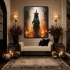 Mysterious Dark Witch Fire Scene Framed Canvas Wall Art, Gothic Halloween Wall Decor