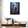 Good Shepherd Jesus Chasing Lost Lamb In Moody Misty Forest Framed Canvas Print, Inspirational Biblical Christian Wall Art