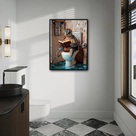 Sea Turtle Reading Book On Toilet Canvas Wall Art Funny Rustic Nautical Bathroom Wall Decor