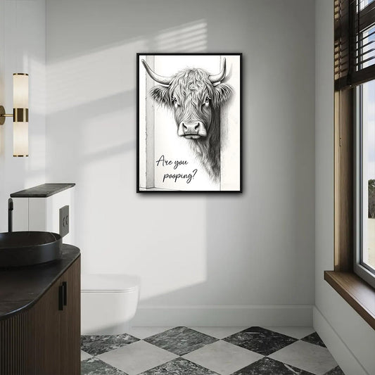 Funny Highland Cow Are You Pooping Canvas Wall Art Farmhouse Bathroom Decor