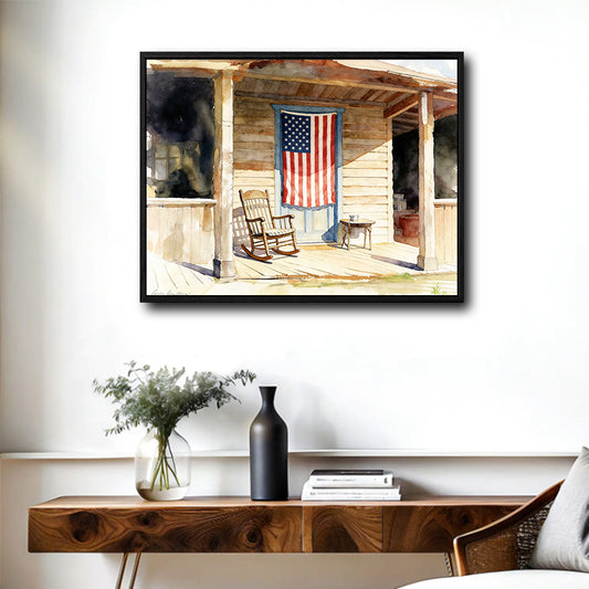 Watercolor American Flag Front Porch Rocking Chair Canvas Wall Art, Rustic Farmhouse Wooden Cabin Patriotic Canvas Print, Country Home Decor
