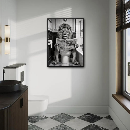Funny Lion On Toilet Reading Newspaper Canvas Wall Art Cool Bathroom Decor
