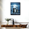 Elephant and Giraffe Watching Full Moon Over Ocean Canvas Wall Art, Wild Animals on Seaside Rock Vertical Print, Mystical Night Seascape Living Room Bedroom Wall Decor
