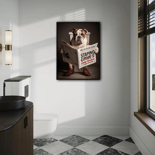 Whimsical Bulldog Poster, Bulldog Sitting On Toilet With Dress Shoes Reading Newspaper, Humorous Bathroom Wall Print for Dog Lovers