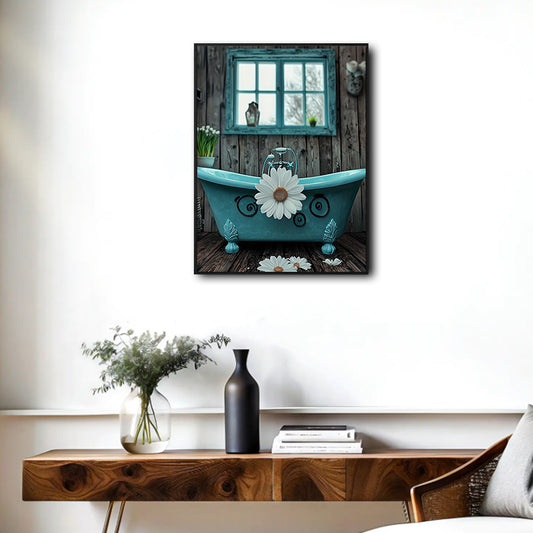 Vintage Rustic Bath Wall Decor, Turquoise Clawfoot Bathtub White Daisy Weathered Wood Window Canvas Art, Vertical Shabby Chic Cottage Bathroom Artwork
