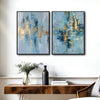 2 Piece Modern Coastal Blue Gold Leaf Abstract Canvas Prints Vertical Brushstroke Painting Contemporary Wall Art