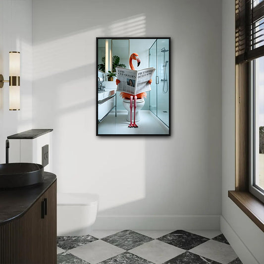 Funny Flamingo Toilet Reading Newspaper Canvas Wall Art, Humorous Bathroom Decor