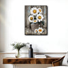 Rustic Farmhouse Wall Decor, White Sunflowers In Galvanized Bucket “FLOWERS & SUNLIGHT” Distressed Wood Background Vertical Canvas Art, Shabby Chic Country Floral Artwork