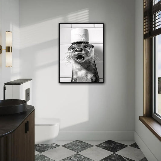 Black White Otter With Toilet Paper Roll Hat Canvas Wall Art Funny Animal Bathroom Restroom Wall Decor