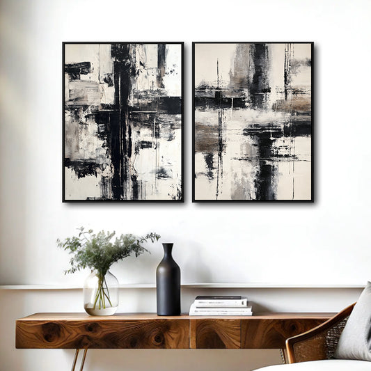 2 Piece Modern Neutral Brushstroke Abstract Canvas Prints Black Beige Textured Painting Organic Modern Wall Art
