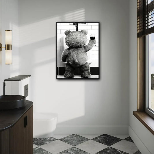 Funny Teddy Bear Wine Urinal Canvas Wall Art Black White Masculine Bathroom Decor