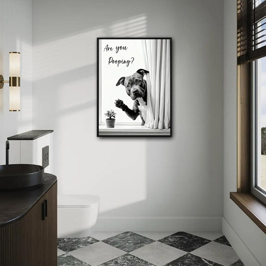 Pitbull Peeking Curtain Are You Pooping Funny Quote Canvas Wall Art Black White Dog Bathroom Wall Decor