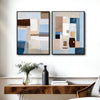 2 Piece Neutral Earth Tone Pastel Blue Geometric Abstract Canvas Prints Palette Knife Textured Contemporary Wall Art