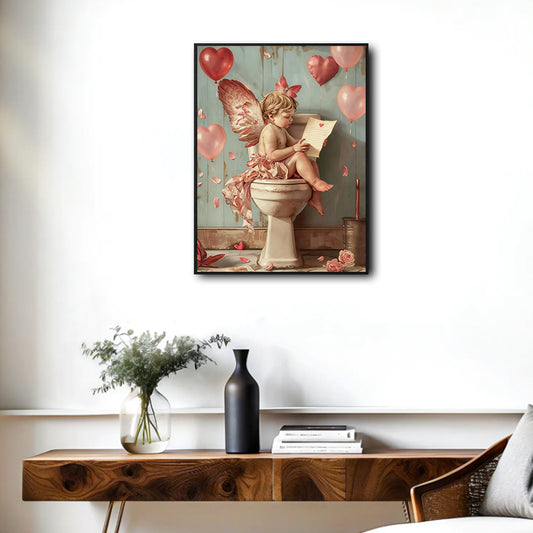 Valentine Cupid on Toilet Canvas Wall Art, Funny Cherub Reading Love Letter Pink Heart Balloons Framed Canvas Print, Quirky Vintage Bathroom Romantic Wall Decor