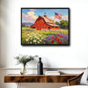Red Barn American Flag Wildflower Field Canvas Wall Art, Farmhouse Country Lavender Poppy Daisy Landscape Canvas Print, Patriotic Rustic Farm Decor