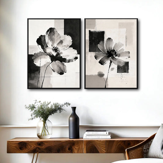 2 Piece Monochrome Textured Floral Canvas Prints Abstract Geometric Poppy Painting Modern Neutral Organic Wall Art