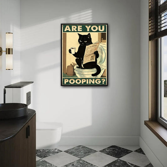 Vintage Black Cat Reading Newspaper On Toilet ARE YOU POOPING Quote Canvas Wall Art Funny Retro Bathroom Wall Decor