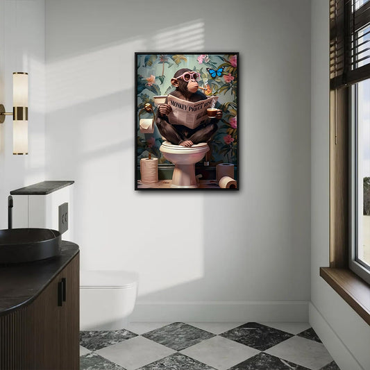 Funny Monkey Reading Newspaper On Toilet Tropical Botanical Bathroom Canvas Wall Art