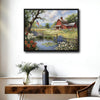 Red Barn Pond Wildflower Canvas Wall Art, American Flag Country Farm Landscape Framed Canvas Print, Farmhouse Patriotic Home Decor
